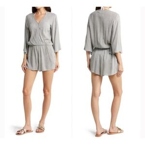 Elan Swim Grey Pinstripe V-Neck Beach Romper Coverup Bell Sleeves Sz Large